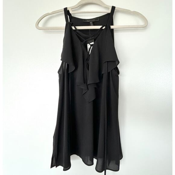 NWT‎ BCBGMAXAZRIA Black Lace-Up Ruffle Halter Top Size XS Sleeveless Blouse - Picture 9 of 11